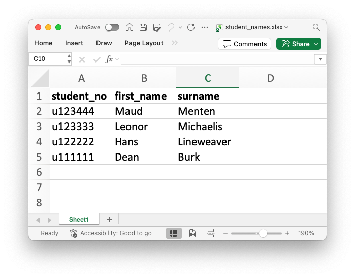 Fig. 2.: Example student list (this list is included for the demo mode).  
